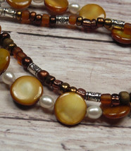 Brown Shell White Pearl Crystal Beaded Bracelet Handmade Two Strand New - £16.07 GBP