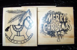 Rocking Horse &amp; Merry Wreath new mounted rubber stamps Christmas - £11.02 GBP