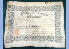 1869 antique ORIG.MARRIAGE CERTIFICATE~EMERSON DERBER,DUBERr/JOSEPHINE C... - $67.27