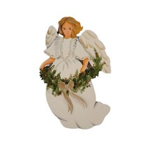 Handpainted Wooden Blonde White Angel w/ Holly Garland Christmas Ornament MINT - £13.95 GBP