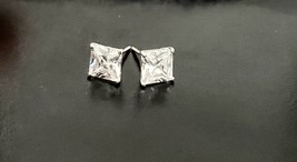 7mm Princess Square Created Diamond Stud Earrings 14K White Gold Sterling Silver - £7.18 GBP