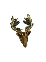 Vintage Signed ART Brooch Pin Gold Tone Christmas Deer Antlers Holly Ber... - $34.65