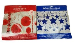 Royal Blue Star Hanging Swirl Decorations &amp; Red Decorating Kit Fans Garland lot - £11.38 GBP