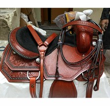 Leather Western Horse Barrel Saddle With Matching Headstall &amp; Breast Collar - £292.66 GBP+