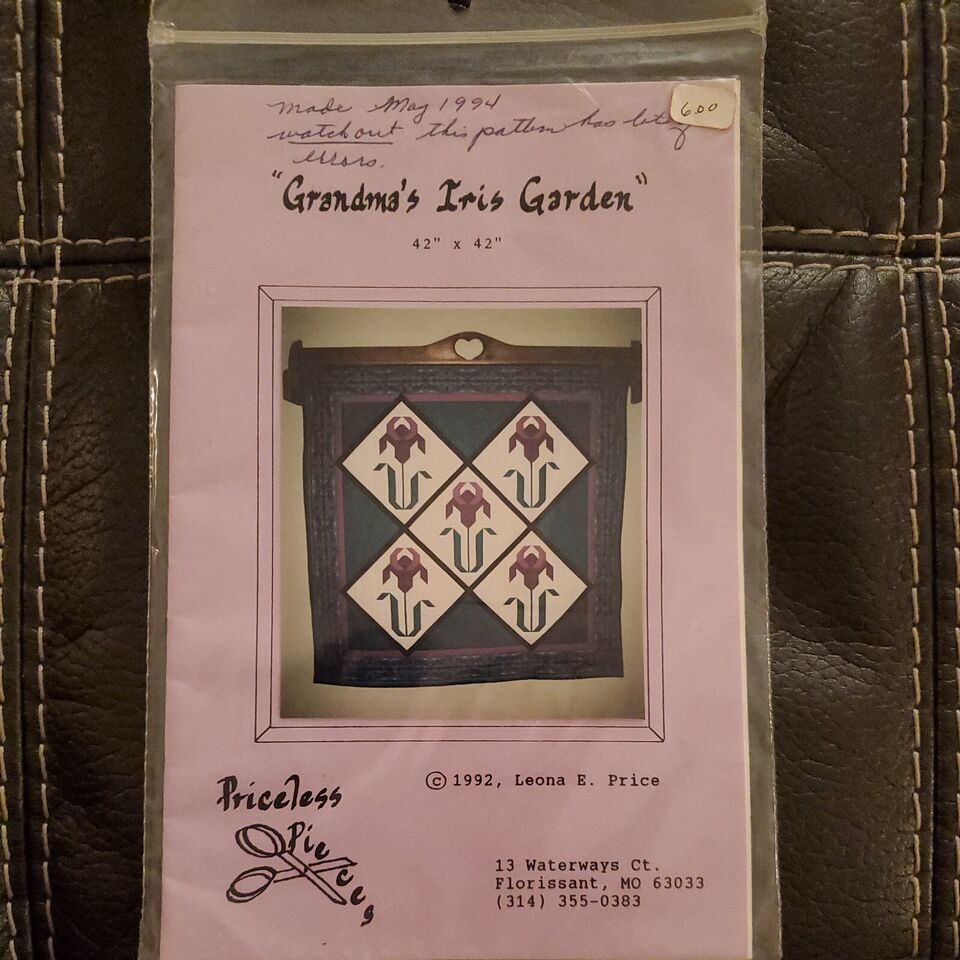 GRANDMA'S IRIS GARDEN Quilting Pattern - by Leona E. Price 1992 42 x 42 Square - $7.59