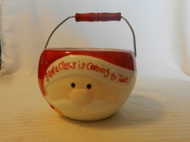 Santa Claus Is Coming To Town Round Red &amp; White Ceramic Candy Bowl With Handle - £23.59 GBP