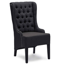 Club Dining Chair Gray Linen Victorian Button Tufted Tall Back Winged Accent - £394.65 GBP
