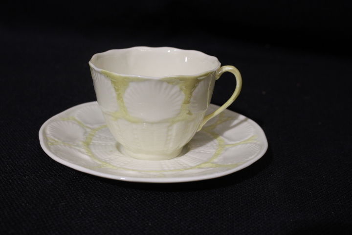 2pc Vintage Belleek Parian NEW SHELL YELLOW Flat Cup & Saucer, 6th Mark, Ireland - $39.99