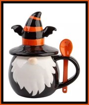 NEW Whimsical Halloween Gnome Shaped Mug with Lid and Spoon 18 OZ Ceramic - £19.17 GBP