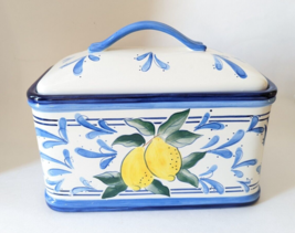 Inspirado Ceramic Bread Box Cookie Jar Stonelite Lemon Blue Design Seattle USA - £32.47 GBP