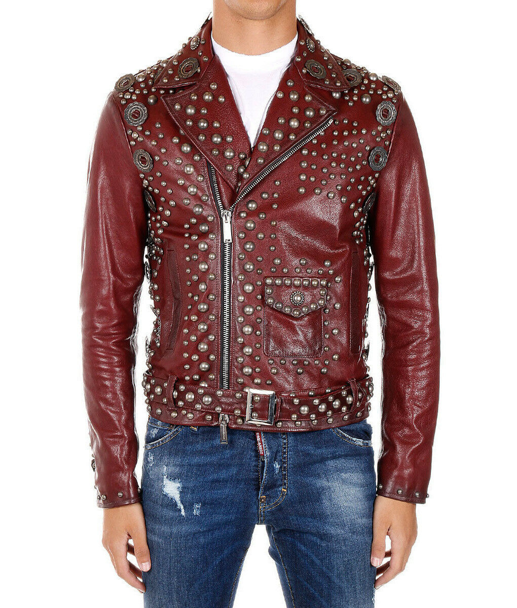 Men's Burgundy Color Belted Strap Rock Punk Studded Genuine Leather Jacket