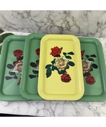 Vintage Mid Century Rose Floral Print Tin Metal Tray Set 4 TV Lap Servin... - $793.31 MXN