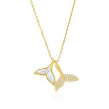Sterling Silver, MOP &amp; CZ, Double Whale Tail Necklace - Gold Plated - £42.35 GBP