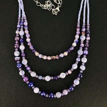 Purple Lavander Jasper Necklace Czech Glass Silver Tone Triple 3 Strand Handmade - £31.89 GBP