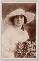 RPPC Lovely Edwardian Woman Large Hat And Bouquet Of Roses Portrait Postcard M27 - £5.22 GBP