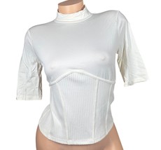 Guess Sz Small Half Sleeve High Neck Crop Top Womens Knit Ivory Ribbed P... - $22.76
