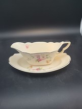 Paden City Pottery Gravy Boat Tray Pink Flowers Peony Silver Trim Made i... - $24.18