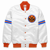 New York Knicks Baseball Letterman College Bomber Jacket Sports White Satin - £107.58 GBP