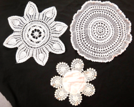 Vintage Hand Crocheted Round Doilies Lot of 3 White Off-White 11&quot; and 15&quot; - £8.11 GBP