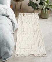 Uphome Boho Runner Rug 2&#39; X 4.3&#39; Tufted Cotton Accent Throw Rugs With, Beige - $40.94