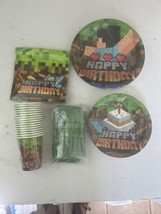 MINECRAFT PARTY SUPPLIES Plates, Napkins, Cups, Forks, Spoons, And Knive... - £14.83 GBP