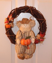 Thanksgiving Harvest Scarecrow Grapevine Wreath Fall Pumpkin Autumn Leaves Fruit - £7.90 GBP