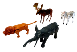 Lot of 4 Vintage Plastic Zoo Animals Lion Moose Zebra Elephant Articulated - $16.78