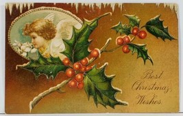 Christmas Wishes Embossed Angel Hollyberry Snow Flocked c1910 Postcard L10 - £4.70 GBP