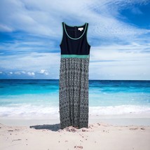 Elle Maxi Sun Dress Size M Navy Top Turquoise Trim Abstract Print Flowin... - $623.16 MXN