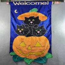 WELCOME Black Cat Pumpkin Garden Flag Banner Double Sided Appliqued Yard 27.5x41 - £7.99 GBP