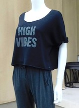 ALO Yoga Cropped Cotton Terry Top w/High Vibes Print, size medium, black... - $29.69