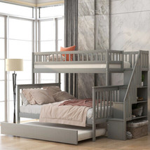 Twin over Full Bunk Bed with Trundle and Staircase,Gray - £551.32 GBP
