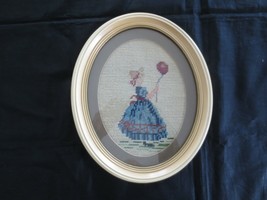 Vintage Oval Framed Girl With Balloon Needlepoint Wall Hanging - 9.5&quot; X 11.5&quot; - £11.09 GBP