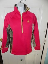 Browning Buckmark Pullover Jacket Half Zip Pink Camouflage Thumbhole Size S - $18.25