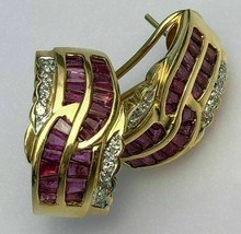 2Ct Round &amp; Baguette Cut Red Ruby &amp; Diamond Hoop Earrings 14K Yellow Gold Finish - £83.41 GBP