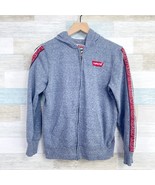 LEVIS Spellout Sleeve Hooded Sweatshirt Gray Full Zip Kangaroo Pocket Bo... - £15.59 GBP