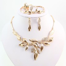 Unique Design African Fashion Costume Rhinestone Leaves Shap Necklace Sets Gold  - $33.71