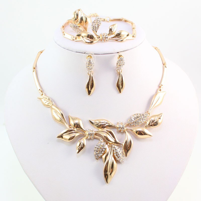 Primary image for Unique Design African Fashion Costume Rhinestone Leaves Shap Necklace Sets Gold 