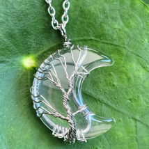 Quartz Moon Pendant 20&quot; Necklace Crescent Wire Wrapped Tree Jewellery &amp; Boxed - £14.30 GBP