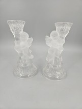 Pair of Vintage Frosted Glass Cherub Angel Candlestick Holders Set of 2 - $17.19