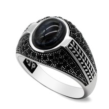 S925 Sterling Silver Lnlaid Natural Black Agate/CZ Zircon Male Ring Muslim Relig - £57.84 GBP