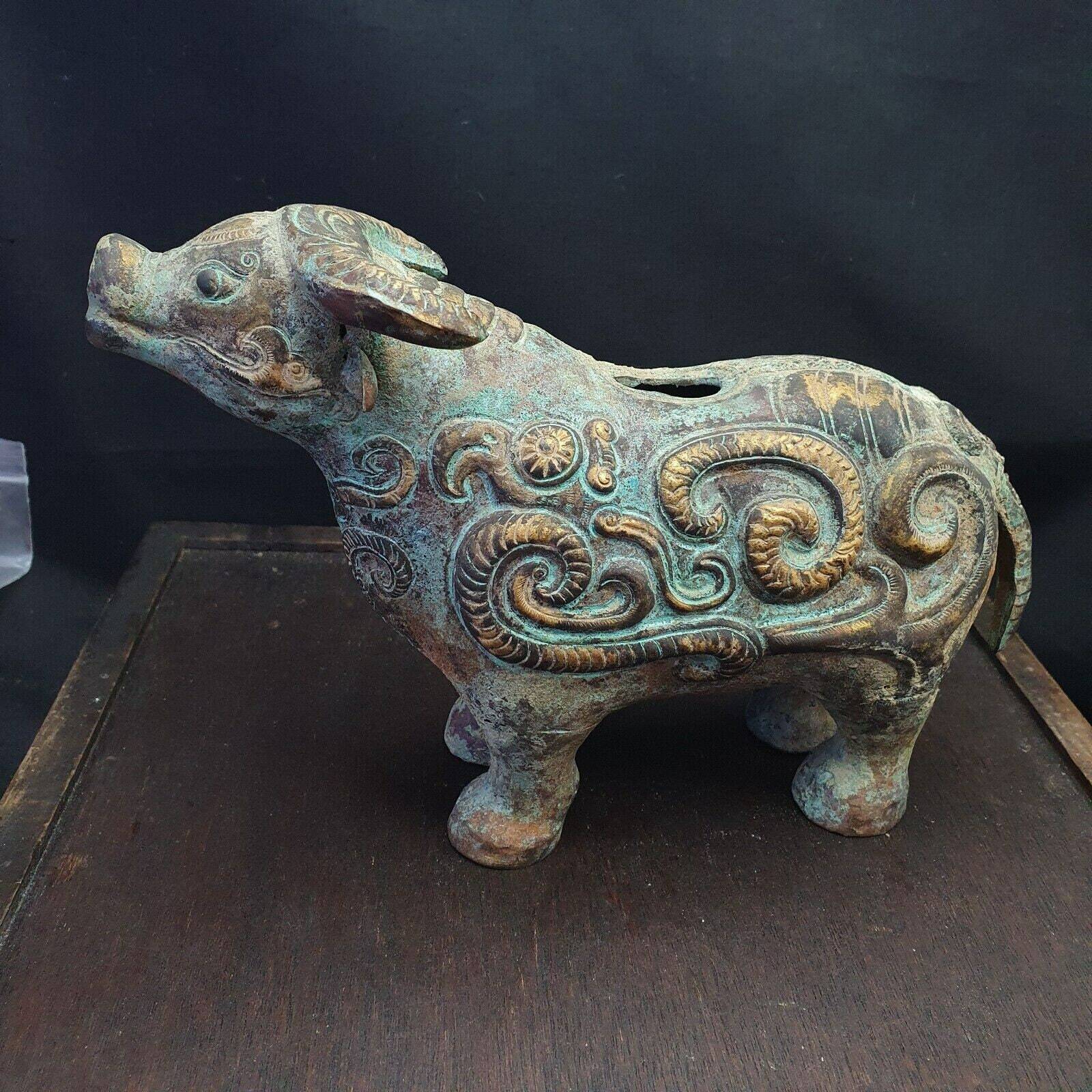 Antique chinese civilization bronze brass cow figure rare find mystical - $244.87