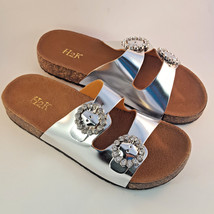 H2K KAREN STONE Buckle Ornament SILVER Fashion Slide Flip Flops Sandals ... - $31.95