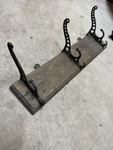 vtg farmhouse coat rack cast iron hooks bridle tack Primitive Handmade Unique - $79.19