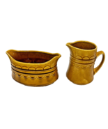 Vintage Amber Gold Ceramic Embossed Glazed Sugar Bowl and Creamer Pitche... - $25.47