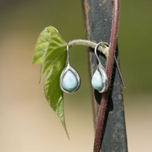 14K White Gold Plated Pear Shaped Larimar 24 mm Drop French Wire Hook Earrings - £155.89 GBP