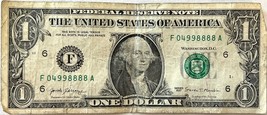 One Dollar Note Fancy Serial Number Quad 8s serial number 04998888 - $5.99