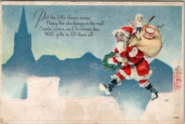 Christmas Santa Claus Toy Sack Hopping Rooftops 1919 Rockford Mich Postcard U17 - £11.18 GBP