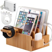 Multi Device Bamboo Charging Station with iWatch and Airpods Stands ± 5 Port USB - £31.96 GBP