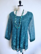 Valolia Mesh Knit Top XL Teal Green Turquoise Paisley Floral Asymmetrical - £17.29 GBP